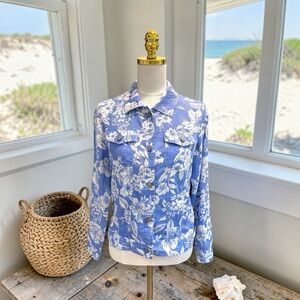 C & C California Women’s Floral Linen Jacket Blue/White Floral Coastal Sz S